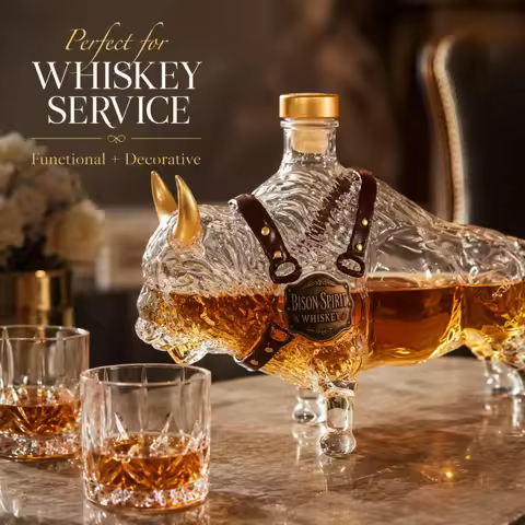 Bison Shaped Whiskey Decanter Buffalo Glass Liquor Bottle With Golden Horn Leather Strap Western Far
