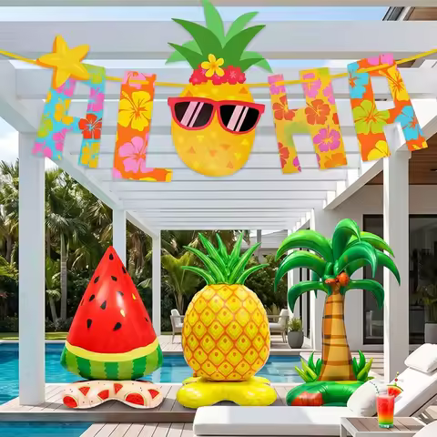 Hawaiian Tropical Party Decorations Giant Standing Foil Coconut Pineapple Balloons Aloha Banner Summ