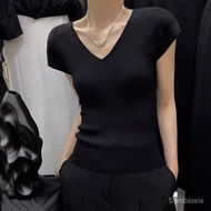 Shoulder Short Sleeve v Collar T Women's Summer Ice Silk Knitted Shirt Slim Fit Base Shirt Elegant F