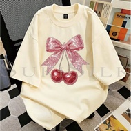 SUKISILK Women Tee Sparkly Rhinestone Bow Cherry Coquette Print Cream Short‐Sleeve Tshirt