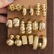 9Pairs Fall/Winter Gold-Tone Chunky Gourd & Caterpillar Hoops Set, Including Oversized C-Shaped Earr