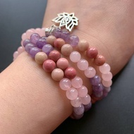 Natural Pink Purple Quartz Stone 108 Prayer Beads Mala Bracelet Rhodochrosite Love Crystal Necklace Tibetan OM Lotus Decor 1pc