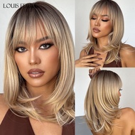 LOUIS FERRE Medium Wigs for Women Afro Synthetic Hair Heat Resistant Fiber Ombre Black Blonde Ash Wa