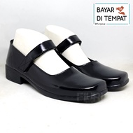 FIURI - Sepatu Pantofel Wanita Hitam 36-43 Bertali Perekat Hak 3cm - Sepatu Sekolah Warna Full Hitam