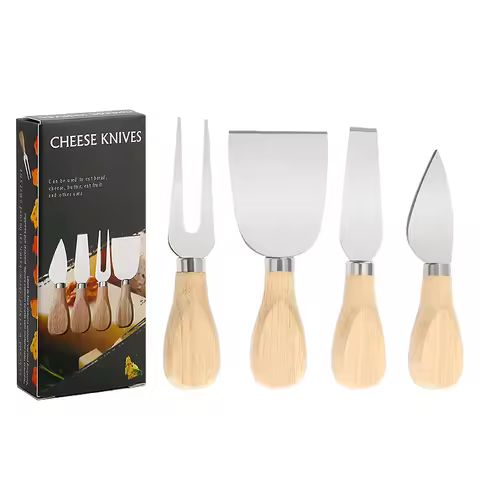 10sets Stainless Steel Cheese Knife Cheese Butter Pizza Cream Butter Wooden Handle Cheese Knife Fork