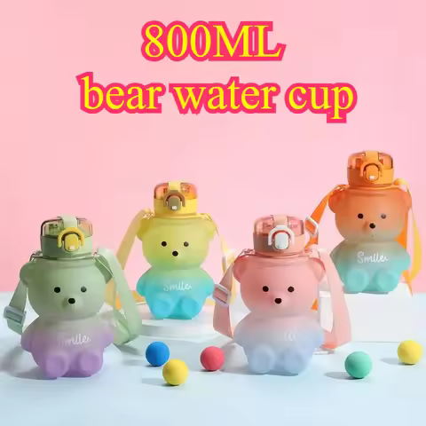 Bear Water Bottle 800ml Cute Kawaii Teddy Bear Water Bottle with Straw & Strap Leak-Proof Drinking C