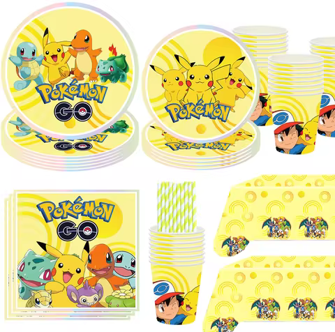 Pokemon Birthday Party Decoration Disposable Dinnerware Set Latex Balloons Cup Plate Napkin Tableclo