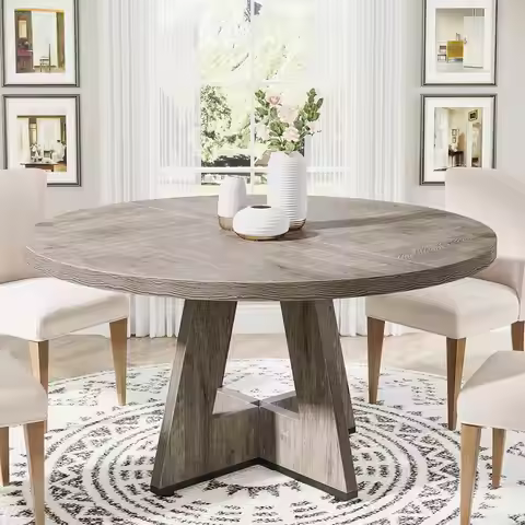 Round Dining Table For 4, 47 Inch Farmhouse Kitchen Table Small Dinner Table Wood Kitchen Dinning Ta