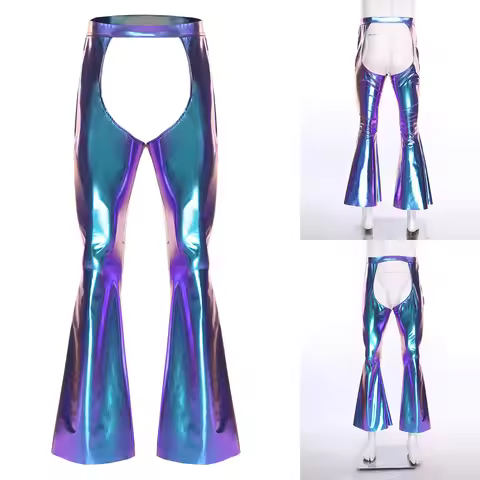 Men Fashion Open Crotch Metallic Chaps Flared Pants Elastic Waistband Bell-Bottom Trousers for Club 