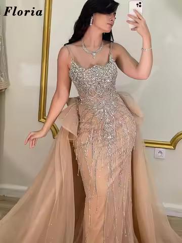 Blush Pink Spaghetti Straps Evening Dresses Customized Beaded Crystals Prom Dress With Overskirt Ves