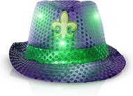 Windy City Novelties LED Light Up Sequin Fedora Hats - Unisex Mardi Gras Purple with Green LED's
