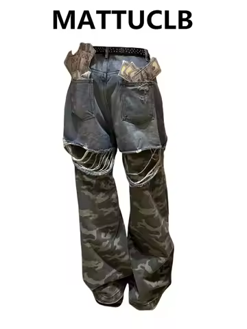 2025 Autumn Winter Women's Baddie Style Designer Denim Pants Y2K 2000s Camouflage Patchwork Baggy Je