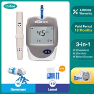 Cofoe เครื่องทดสอบโครอล3-In-1เครื่องทดสอบโครอลสเตอรอลแถบทดสอบ10ชิ้นชุดตรวจน้ำตาลกลูโคสในเลือดมีแผ่นท