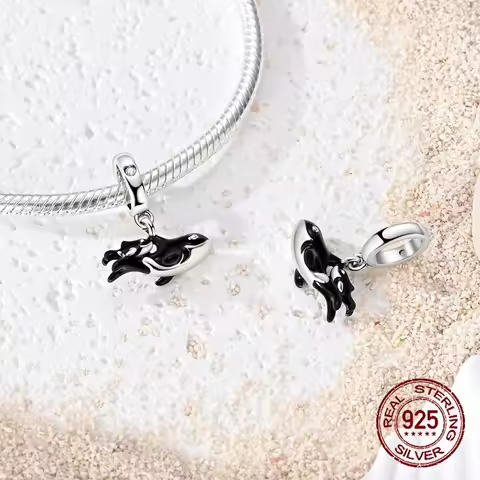 925 Sterling Silver Cute Orca Whale Charms Black White Enamel Killer Whale Pendant Fits Bracelet Jew