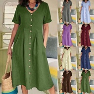 2025春夏新款亚马逊独立站速卖通eBay新款纯色宽松高腰棉麻连衣裙New Amazon Independent Station Speed for Spring and Summer 2025cyk