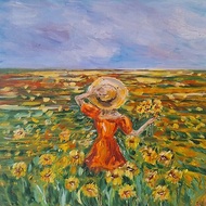 Sunflower field painting Girl in the field wall 向日葵田野圖片 女孩油畫