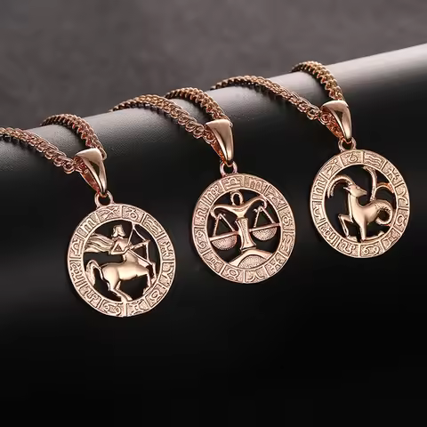FJ 12 Zodiac Sign 585 Gold Color Constellation Rose Pendants Capricorn/Gemini Twisted + 50cm Chain W