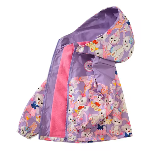 Waterproof Hooded Cartoon Girls Lovely Warm Fleece Lined Zip Hiking Jackets School Kids Track Coats 