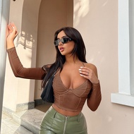 Pinkbomb Hot Girl ABG Fried Street Long-Sleeved T-Shirt Top Short Strapless Navel Halter Mesh Hollow