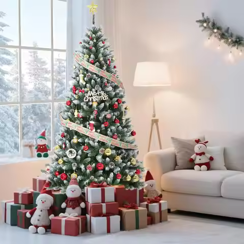 Pre-Decorated Artificial Christmas Tree Prelit 4.5FT/6FT/7.5FT/9FT Partially Flocked Design Xmas Tre
