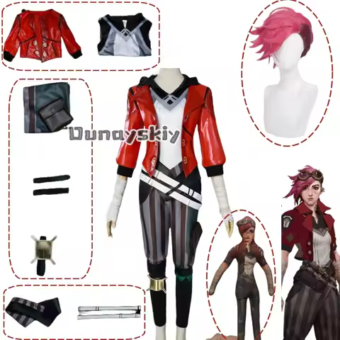 Arcane Vi Cosplay Costumes Red Wig Hair Game Leather Jacket For Girls Woman Halloween Christmas Unif