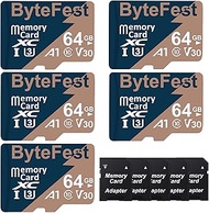 ByteFest 5Pack 64GB Micro SD Card with 5 Adapter, UHS-I U3 C10 TF Card V30 4K UHD Video A1 App Perfo