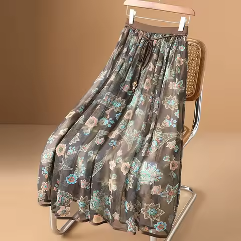 Womens Ethnic Floral Print Mesh Maxi Skirt Elastic Waist Drawstring Boho Long Skirt