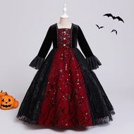 Girls Halloween Vampire Costume Dress Long Sleeve Childrens Dress Princess Style Mesh Skirt Spooky T