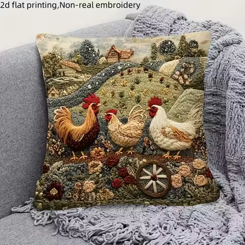 Farmyard Charm: 2D Flat-Printed Pillow with Stylish Chickens and Scenic Design Sofa Cushion Cover, H