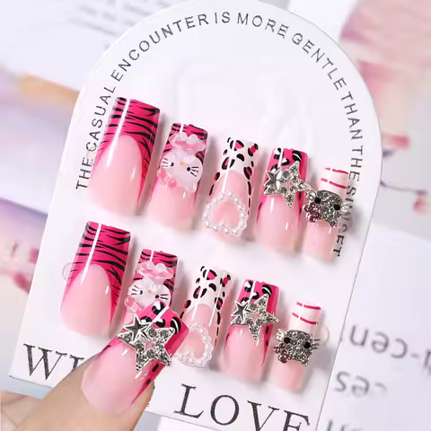 24Pcs Pink French Leopard Hello Kitty False nails 3D Y2k Star Heart Kitty Cat Rhinestones Press On N