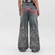 Ed Hardy Y2K Retro Pattern Washed Distressed Straight Jeans for Women