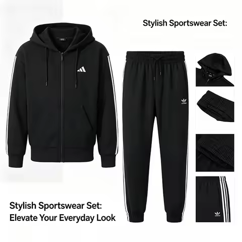 Adidas Men Fleece Lined Zip Hoodie Jacket Woven Sweatpants 3 Stripes Casual Sports Tracksuit JD1870 