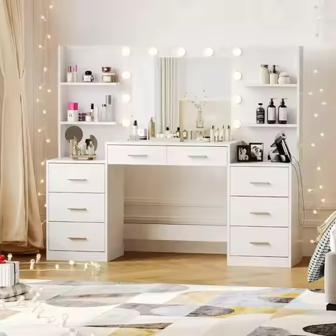 Makeup Vanity Table with Mirror & Lights, Vanity Desk with Power Strip, Large Drawer & Six Open Stor