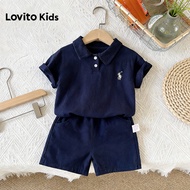 Lovito Kids Casual Shorts Sets Embroidery Button Pocket Spring/summer Dark Blue Shorts Sets for Boy 