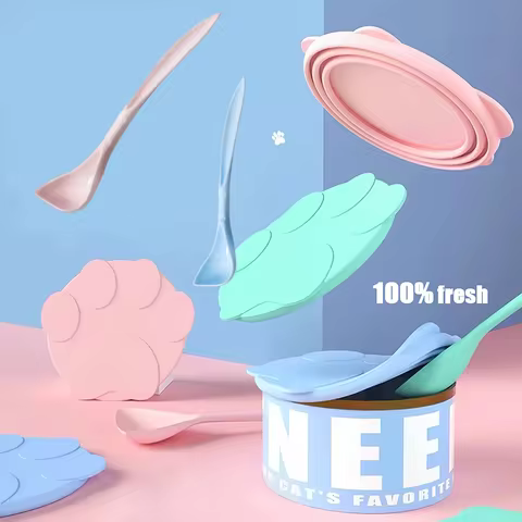Cute Cat Paw Can Storage Cover Reusable Pet Food Cover Can Lid 2-in-1 Fresh-keeping Food Cover Spoon