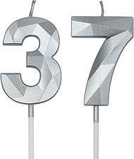 37th & 73rd Birthday Candles for Cake, Silver Number 37 73 3D Diamond Shaped Candle Birthday Decorat