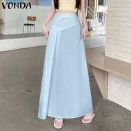 VONDA กระโปรงเอวสูงแฟชั่นสตรีทแวร์สไตล์เกาหลีสำหรับผู้หญิงกระโปรงพลีท A-Line Long Overskirts #0721