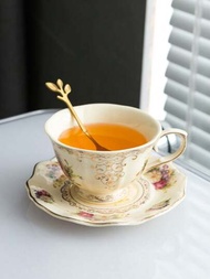 1 個馬克杯 1 個杯墊和 1 個勺子黃色雛菊紫色玫瑰印花下午茶咖啡杯和碟