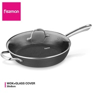 Fissman 30cm Honeycomb Nonstick Cast Iron Deep Fry Pan with Panted Rivets Inside &amp; Glass Lid Wok Pan