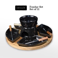 CRYSALIS PREMIUM 11pcs Fondue Set Chocolate Pot, Dessert Board, Party Tray, Wooden Acacia Wood