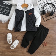 3pcs Baby Boy Autumn/Winter Cotton Padded Vest, Hoodie, And Pants Set, Suitable For Commuting, Schoo