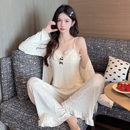 หวาน Polka Dot Modal ชุดนอน ชุดผู้หญิงที่มีแผ่นหน้าอกเสื้อผ้าบ้านแขนยาว คอวี กางเกงขายาว ฤดูใบไม้ร่ว
