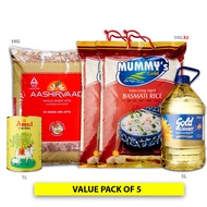 MUMMY'S GOLD BASMATI RICE-(2PCS), Aashirvaad Whole Wheat Flour 5kg, Gold Winner Refined Sunflower Oil 5L, Amul Ghee yellow tin 1L, Wheat atta, Vegetable oil, Cow ghee, Pure ghee, Best seller, Basmati rice,Aged rice, Wheat flour, (Value Pack of 5)