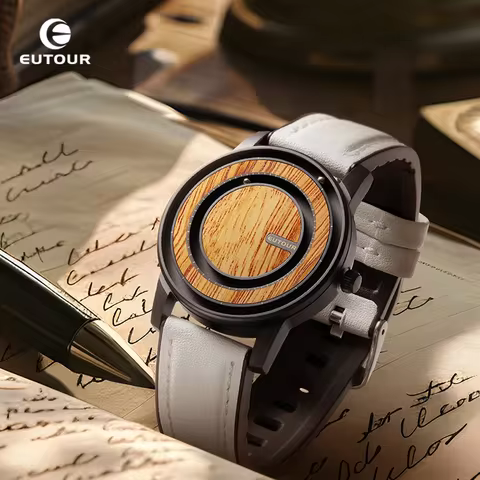 EUTOUR-Unisex Magnetic Bead Watch, Wooden Design Element Watch, PU Leather Strap, Unique Hands Desig