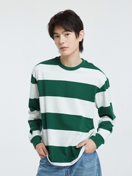 男裝|純棉圓領長袖T恤-綠色條紋