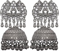Indian Antique Silver Oxidized Afghani Gypsy Banjara Boho Tri-Shul Mirror Stone Designer Ethnic Ghungroo Beads Long Dangle Jhumka Jhumki Earrings, alloy, No Gemstone