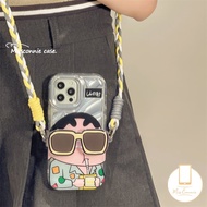 MissConnie Cute Crayon Shin-Chan Lanyard Strap Casing Compatible for IPhone 11 14 13 12 Pro Max 7Plus X XR 7 8 6 6S Plus XS MAX SE 2020 Creative Glitter Card Glasses Bracket Soft Case