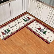 Plaid Christmas Tree Kitchen Mats for Floor 2 Piece, Merry Christmas Snowflakes Pine Non-Slip Kitche