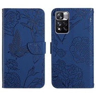 全城熱賣 - 適用於小米 Redmi Note 11 Pro / Poco M4 Pro 5G 膚感壓花牡丹蝴蝶手機皮套（藍色）