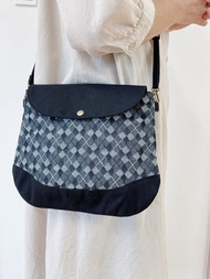 岡山丹寧 倉敷帆布 圓潤斜背包 雙色 Sacoche 格紋 菱格紋丹寧 x 黑色